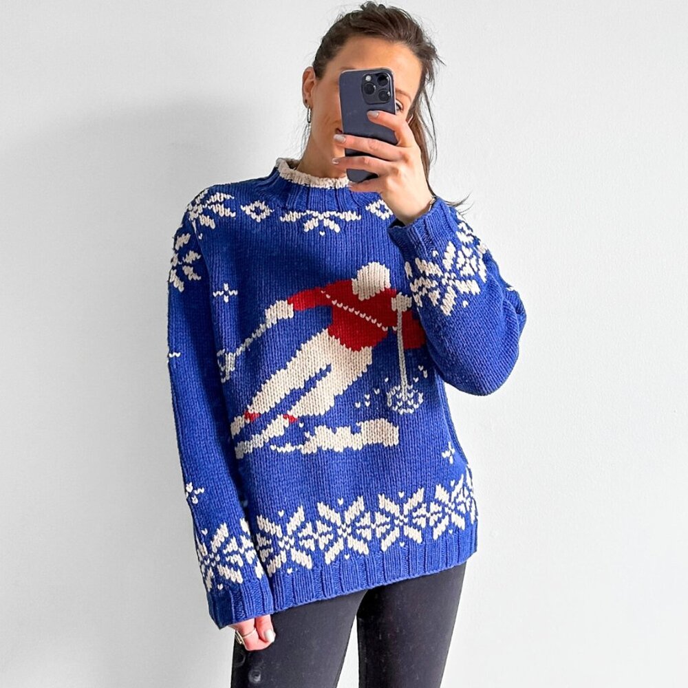 Lands’ End Ski Alpine Blue Lambswool Novelty Cozy Heavy Knit Sweater size large - Picture 5 of 9